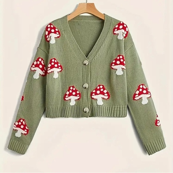 Cider Sweaters - Women’s M Knit Cardigan Cropped Sweater Green Mushroom Design Size Medium